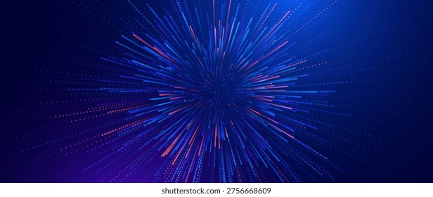 Fast Moving Particles Abstract Ray Burst Design. Striking Digital Background for Scientific or Tech Presentations. Colorful Explosive Radial Pattern. Vector Illustration.