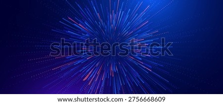 Fast Moving Particles Abstract Ray Burst Design. Striking Digital Background for Scientific or Tech Presentations. Colorful Explosive Radial Pattern. Vector Illustration.