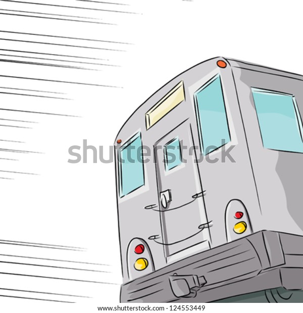 Fast moving public transit subway train over\
white background