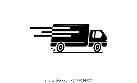 Fast moving shipping delivery truck, black isolated silhouette