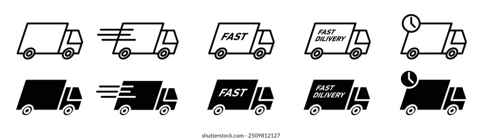 Fast moving shipping delivery truck icon set