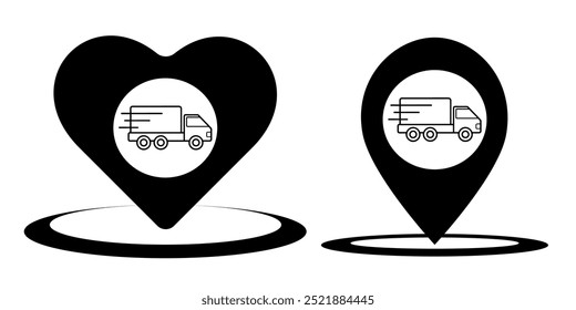 Fast moving shipping delivery truck art vector icon for transportation apps and websites.Set of map pin location icons.