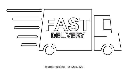 Fast moving shipping delivery truck line art vector icon for transportation apps and websites