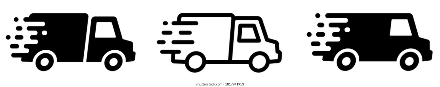 Fast moving shipping delivery van icons set. Delivery truck collection. Fast and free shipping. Fast driving vehicle sumbol. Line and flat style - stock vector.