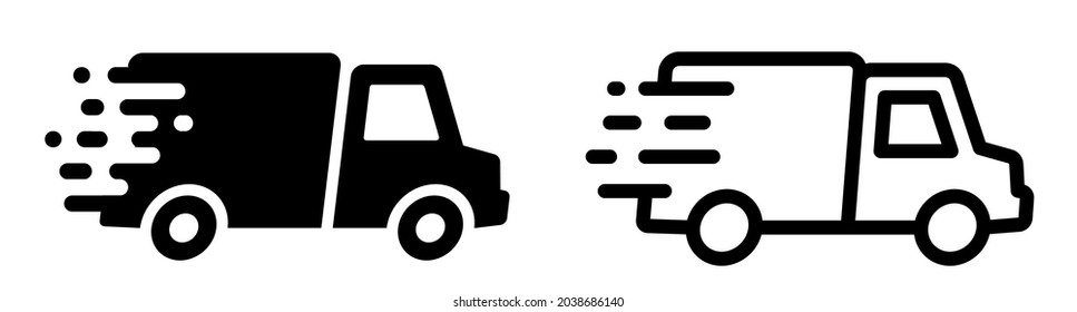 Fast moving shipping delivery van icons set. Delivery truck collection. Fast and free shipping. Fast driving vehicle sumbol. Line and flat style - stock vector.