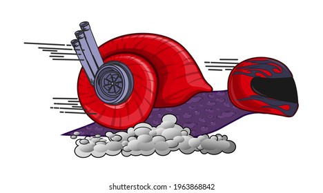 A fast moving snail with a shell-on turbine and tailpipes. The concept of rapidly approaching the goal. Fast snail in cartoon style.Vector illustration.