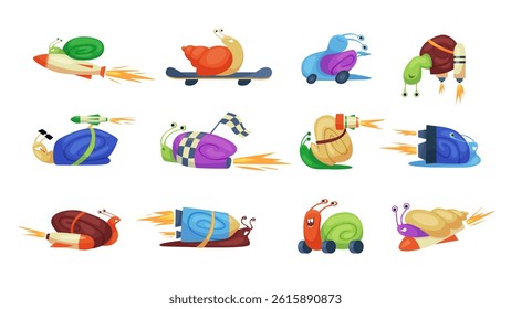 Fast moving snails set. Cute garden quick slugs with shells of different colors ride on skateboard and wheels, funny turbo snails racers fly on speed rockets in race cartoon vector illustration