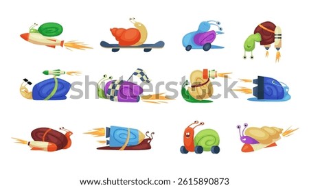 Fast moving snails set. Cute garden quick slugs with shells of different colors ride on skateboard and wheels, funny turbo snails racers fly on speed rockets in race cartoon vector illustration