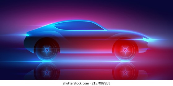 Fast moving sports car with blue and red glowing neon lights running at high speed, vector illustration.