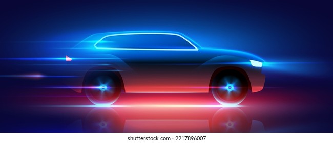 Fast moving SUV car with blue and red glowing neon lights rushing at high speed, vector illustration. Energetic automotive horizontal poster banner design.