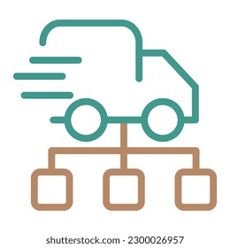 Schnell fahrender LKW mit Organisationsplan unten. Einfaches blaubraunes Vektorsymbol des Lieferprogramms, des Transportsystems, der Organisation der Logistik usw. Modernes, minimales bicolor lineares Zeichen