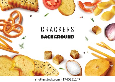 Fast nutrition white background with frame consisting of crackers snacks toasts with different ingredients realistic vector illustration