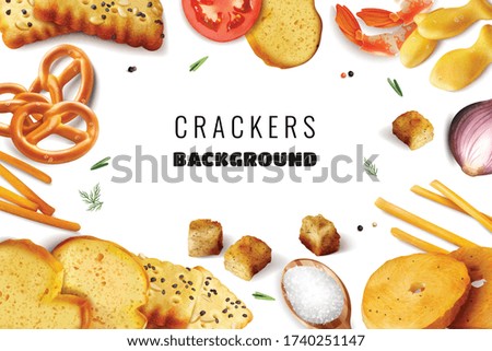 Fast nutrition white background with frame consisting of crackers snacks toasts with different ingredients realistic vector illustration