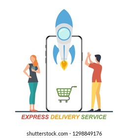 Fast online delivery concept. Express delivery service inscription on light background. Vector illustration.