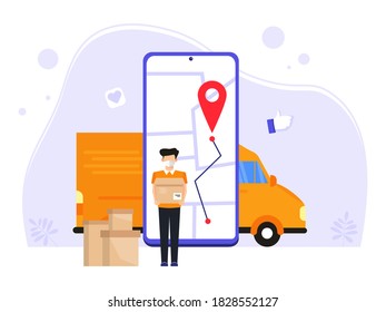 Fast online delivery. Courier delivery of goods or postal packages by express and special. Vector illustration in flat style.