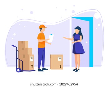 Fast online delivery. Couriers deliver goods or postal packages to the customer's house. Vector illustration in flat style.