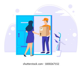 Fast online delivery. Couriers deliver goods or postal packages to the customer's house. Vector illustration in flat style.