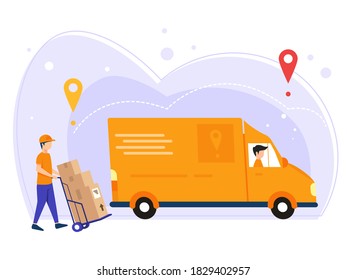 Fast online delivery. Couriers send  postal packages by express. Vector illustration in flat style.