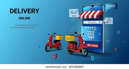 Fast online delivery package by scooter on mobile phone. Online order, Online shipping application, Smart Logistic. Concept of web page design for website and banner. 3D Vector illustration