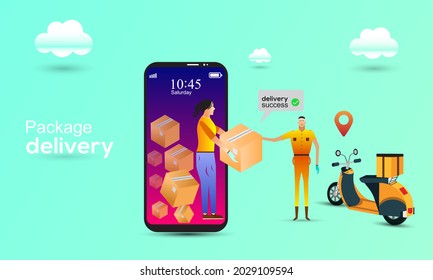 Fast online delivery package by scooter on smartphone. Women received  a box from delivery boy. Order delivery success concept vector illustration