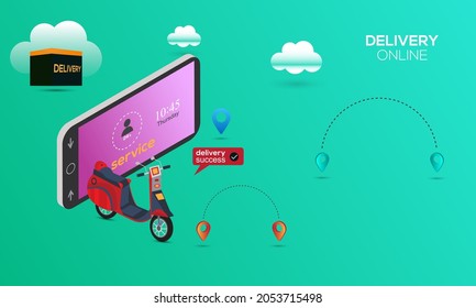 Fast online delivery package by scooter on mobile phone. Lighting of e-commerce success, location tracking. 24 hours Customer service concept