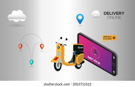Fast online delivery package by scooter on mobile phone. Lighting of e-commerce success, location tracking. 24 hours Customer service concept
