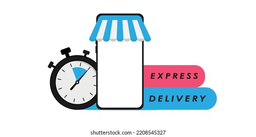 Fast Online Delivery Service Concept, Online Order Tracking For Delivery Home And Office. Express Delivery Logo. Timer Icon With Smartphone. Delivery Concept. Quick Shipping Icon. Vector Illustration