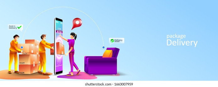 Fast online delivery service package to living room at home by courier. Women receive a package appear from screen phone by courier at home. Vector illustration