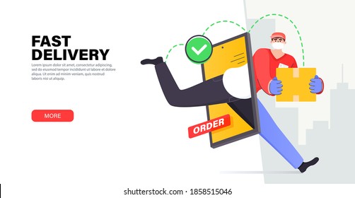 Fast online delivery service package. Courier in mask deliver parcel box through smartphone screen. Modern delivery service. Online shop in your smartphone. Stylish vector illustration in flat style.