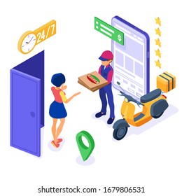 fast online food order and package delivery service fast food shipping isometric courier with pizza and scooter delivery man with moped girl receives order made by phone isometric vector illustration