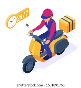 fast online food order and package delivery service. fast food shipping isometric courier with package and scooter. delivery man with moped. online order with 24h support isometric vector illustration