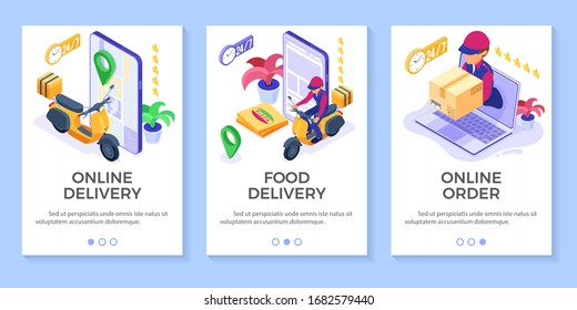 fast online food order and package delivery service. fast food shipping. isometric courier with pizza and scooter. delivery man with moped. tracking online order on phone isometric vector banners