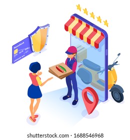 fast online food order and package delivery service fast food shipping isometric courier with pizza and scooter delivery man with moped girl receives order made by phone isometric vector illustration