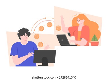 Fast online payments. People transfer money to each other via the Internet. A man with a computer, a woman with a laptop, gold coins. Vector flat illustration.