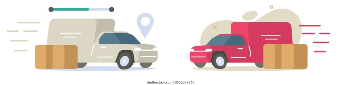 Fast order deliver car flat cartoon vector, quick express delivery shipping auto vehicle isolated, parcel cargo freight courier pick up illustration set, commercial small mini van automobile image