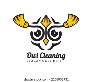 fast owl cleaning logo design template. this logo using combination of head of owl bird, arrow for fast symbol, and broom for cleaning. 