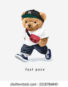 fast pace slogan with bear doll leaping vector illustration