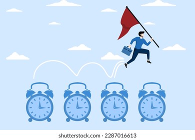 fast paced project concept, Time management, procrastination or work productivity, completing project within deadline, efficiency or planning, expert entrepreneur jumping on time past the alarm clock.