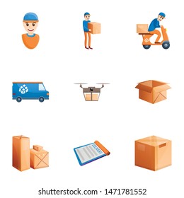Fast parcel delivery icon set. Cartoon set of 9 fast parcel delivery vector icons for web design isolated on white background