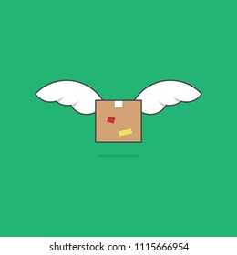 Fast parcel package box delivery shipment flying with wing simple illustration