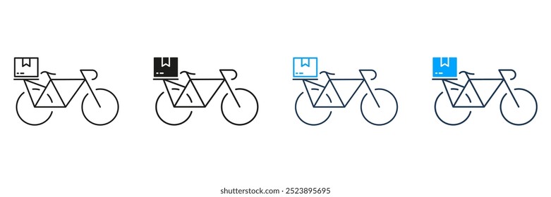 Fast Parcel Shipment, Express Postal Transportation Symbol. Bike Delivery Service Line and Silhouette Icon Set. Grocery Delivery to Home Sign. Editable Stroke. Isolated Vector Illustration.