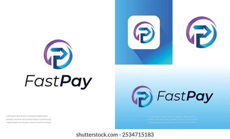 Fast pay logo set with arrow design, digital wallet, with letter P concept, modern payment logo design template, colorful letter P payment with abstract arrow symbol logo vector illustration.