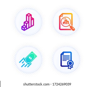 Fast payment, 3d chart and Analytics graph icons simple set. Button with halftone dots. Certificate sign. Finance transfer, Presentation column, Chart report. Diploma. Education set. Vector