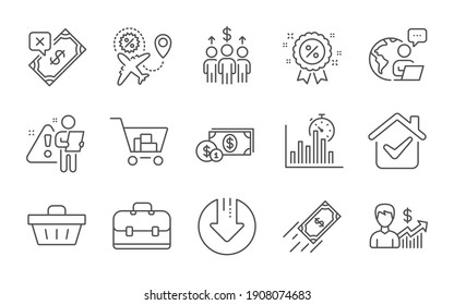 Fast payment, Business growth and Shopping basket line icons set. Discount, Meeting and Report timer signs. Portfolio, Flight sale and Dollar money symbols. Line icons set. Vector