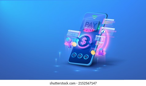 Fast payment by smartphone. International currency transfer, payment via smartphone, contactless payment. New online translation technologies. Vector illustration
