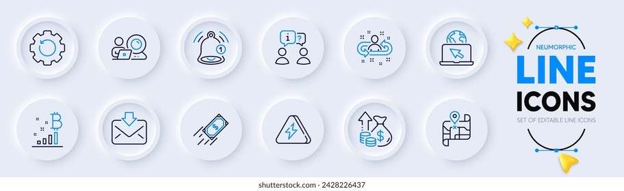 Fast payment, Interview and Recruitment line icons for web app. Pack of Incoming mail, Internet, Map pictogram icons. Lightning bolt, Video conference, Reminder signs. Bitcoin graph. Vector