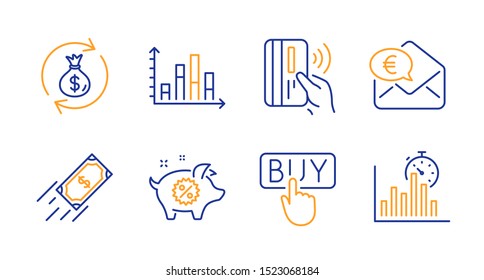 Fast payment, Money exchange and Piggy sale line icons set. Euro money, Contactless payment and Buying signs. Diagram graph, Report timer symbols. Finance transfer, Cash in bag. Finance set. Vector