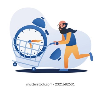 Fast performance. Serious bearded office employee in eyeglasses trundling ahead shopping cart with huge circular alarm clock. Flat vector illustration