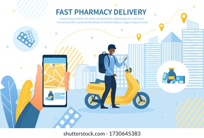 Fast Pharmacy Delivery concept with deliveryman on a scooter delivering medication to a location shown on a handheld mobile phone, colored vector illustration