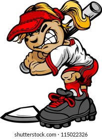 Fast Pitch Softball Girl Cartoon Player with Bat Vector Illustration